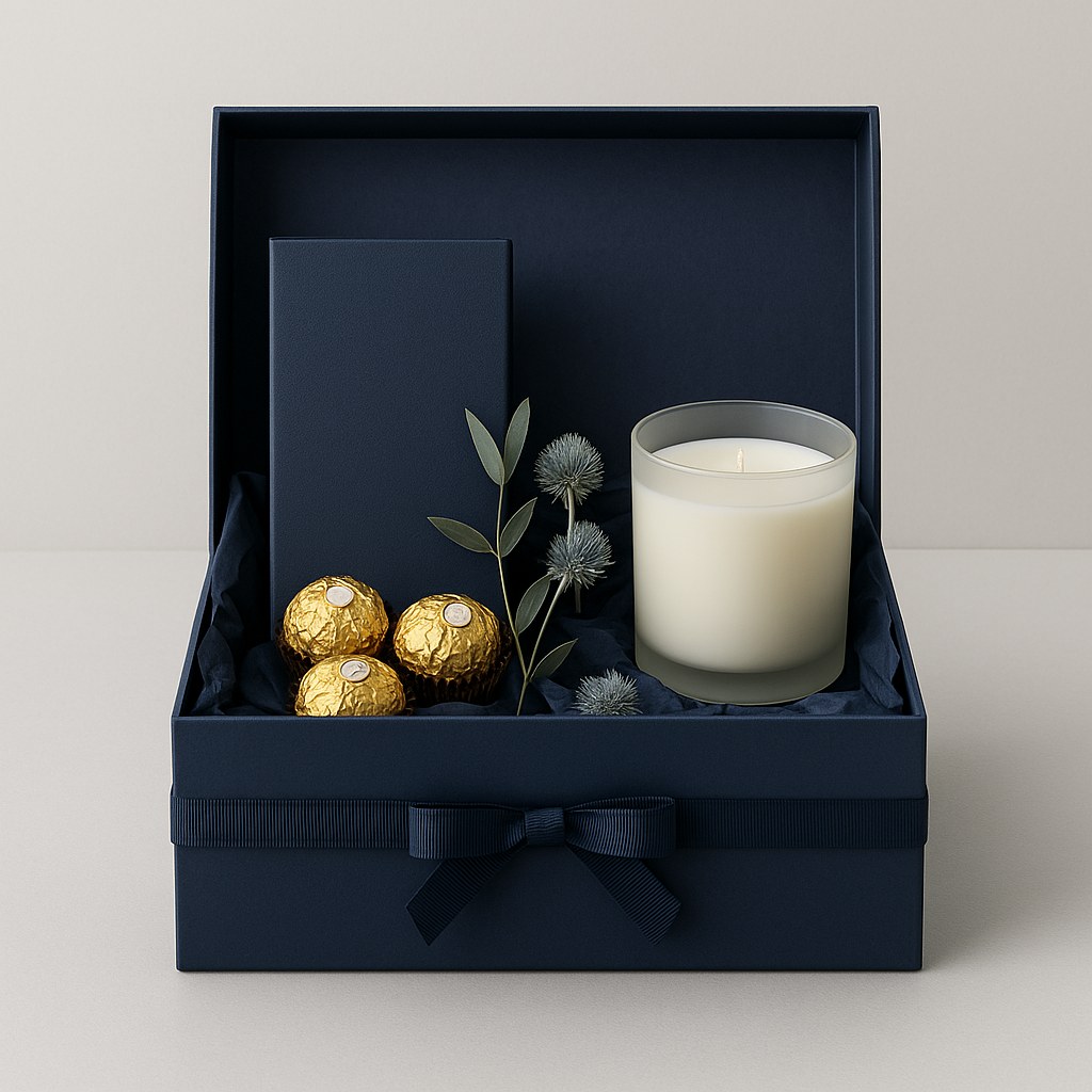 Chocolate Celebration Hamper open, a Diwali gift box holding 4700bc chocolate (125g), ferrero rocher (4 pcs), scented candle