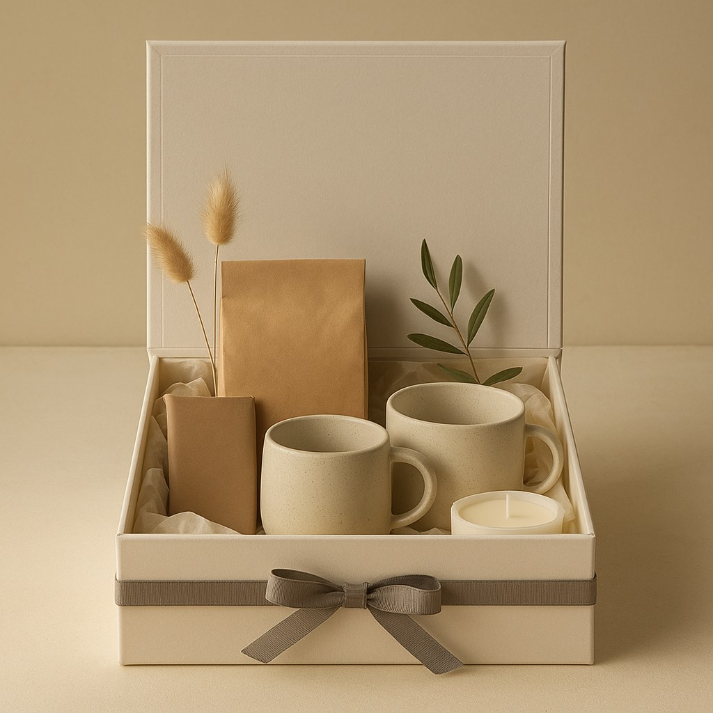 Coffee and Comfort Hamper open, a Diwali gift box holding coffee gift pack, chocolate bar (100g), ceramic mug, candle (scented)