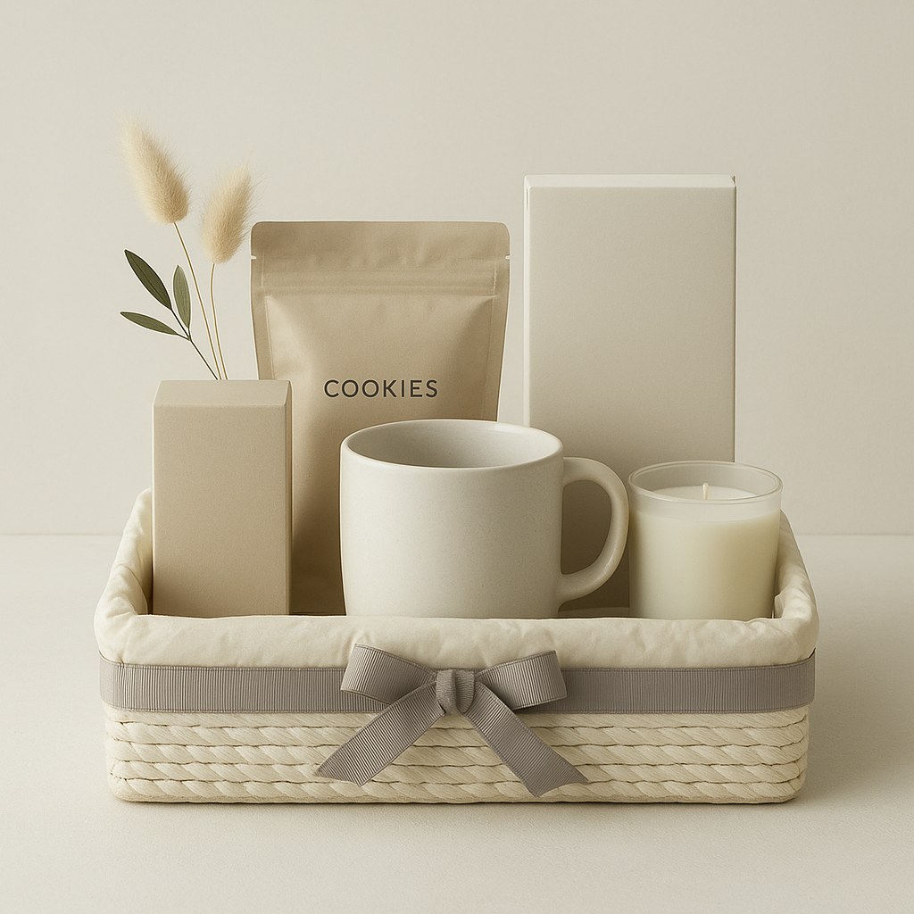 Cozy Festive Treats Hamper open, a Diwali gift box holding twinings tea (25 bags), cookies (200g), ceramic mug, candle (scented)