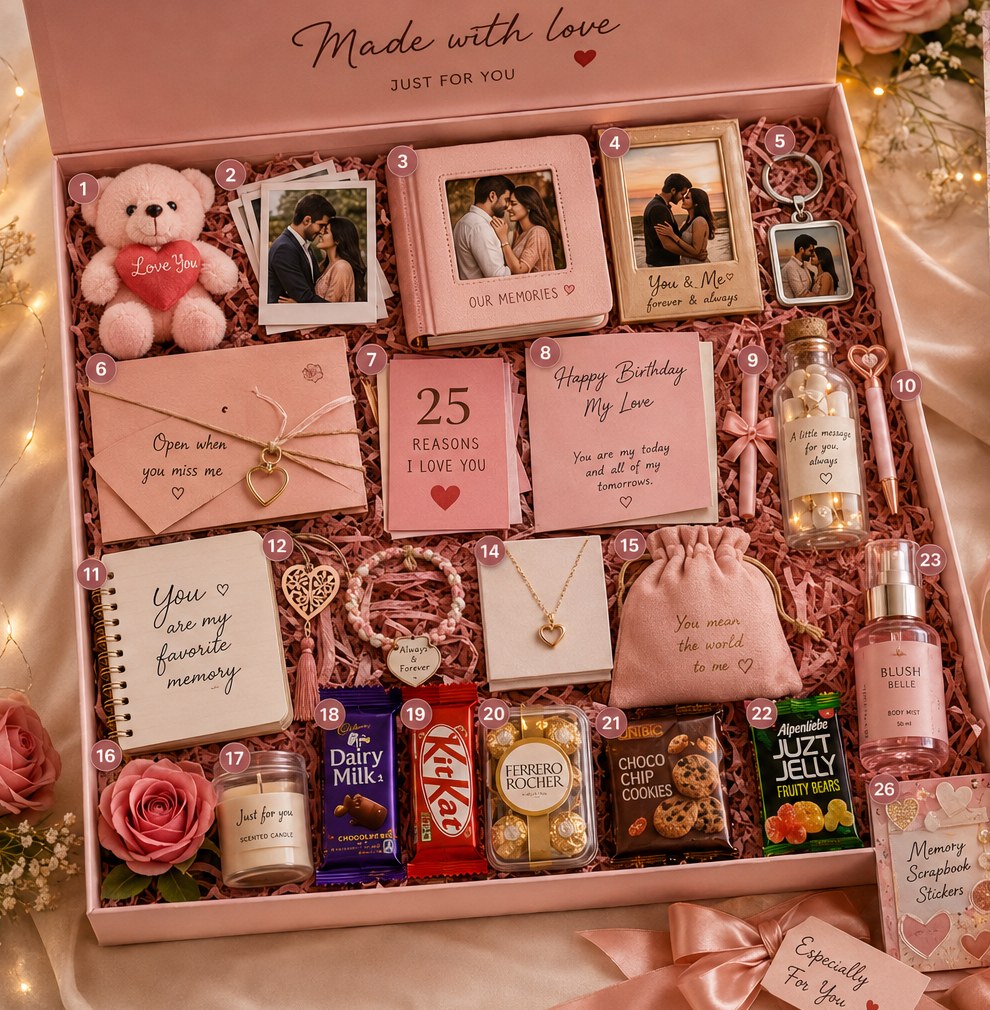 Cute Memory Box Hamper open in a blush box, 25 numbered pieces: photo album, open-when letter, 25 reasons booklet, message in a bottle, notebook, pen, necklace and chocolate