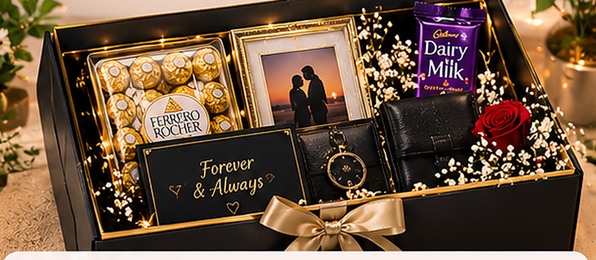 Forever Love Hamper open, an anniversary gift box holding ferrero rocher (16 pcs), photo frame (5x7), wallet (men's), keychain (couple)