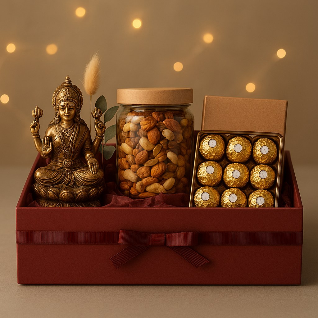 Golden Lakshmi Gift Hamper open, a Diwali gift box holding lakshmi-ganesh idol, dry fruit mix (400g), ferrero rocher (16 pcs)