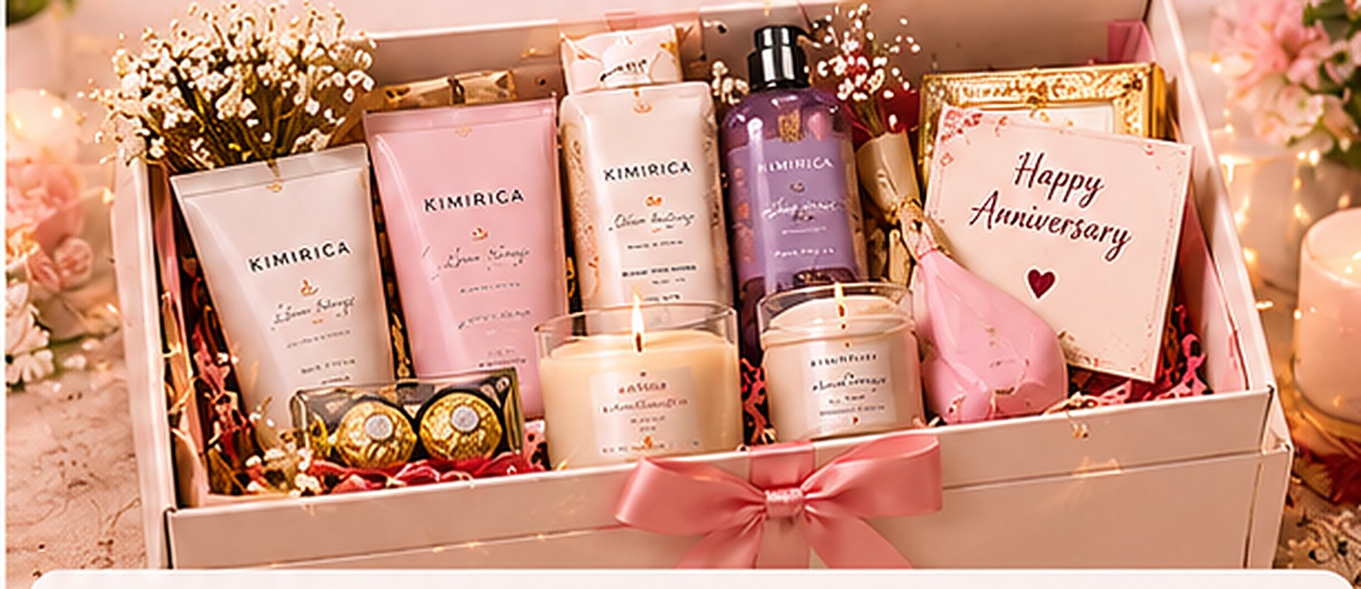 Luxury Self-Care Hamper open, an anniversary gift box holding kimirica body care set, ferrero rocher (8 pcs), photo frame (5x7)