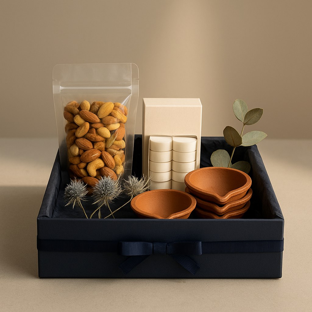 Mini Dry Fruit Glow Hamper open, a Diwali gift box holding dry fruit mix (240g), tea light candles (30 pcs), mitti diya set (4 pcs)
