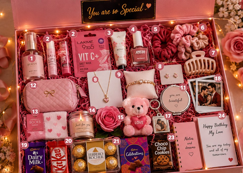 Pink Beauty and Self-Care Hamper open, 25 numbered pieces: body mist, lip balm, sheet mask, hand cream, nail polish, scrunchies, claw clip, jewellery, makeup pouch and chocolate
