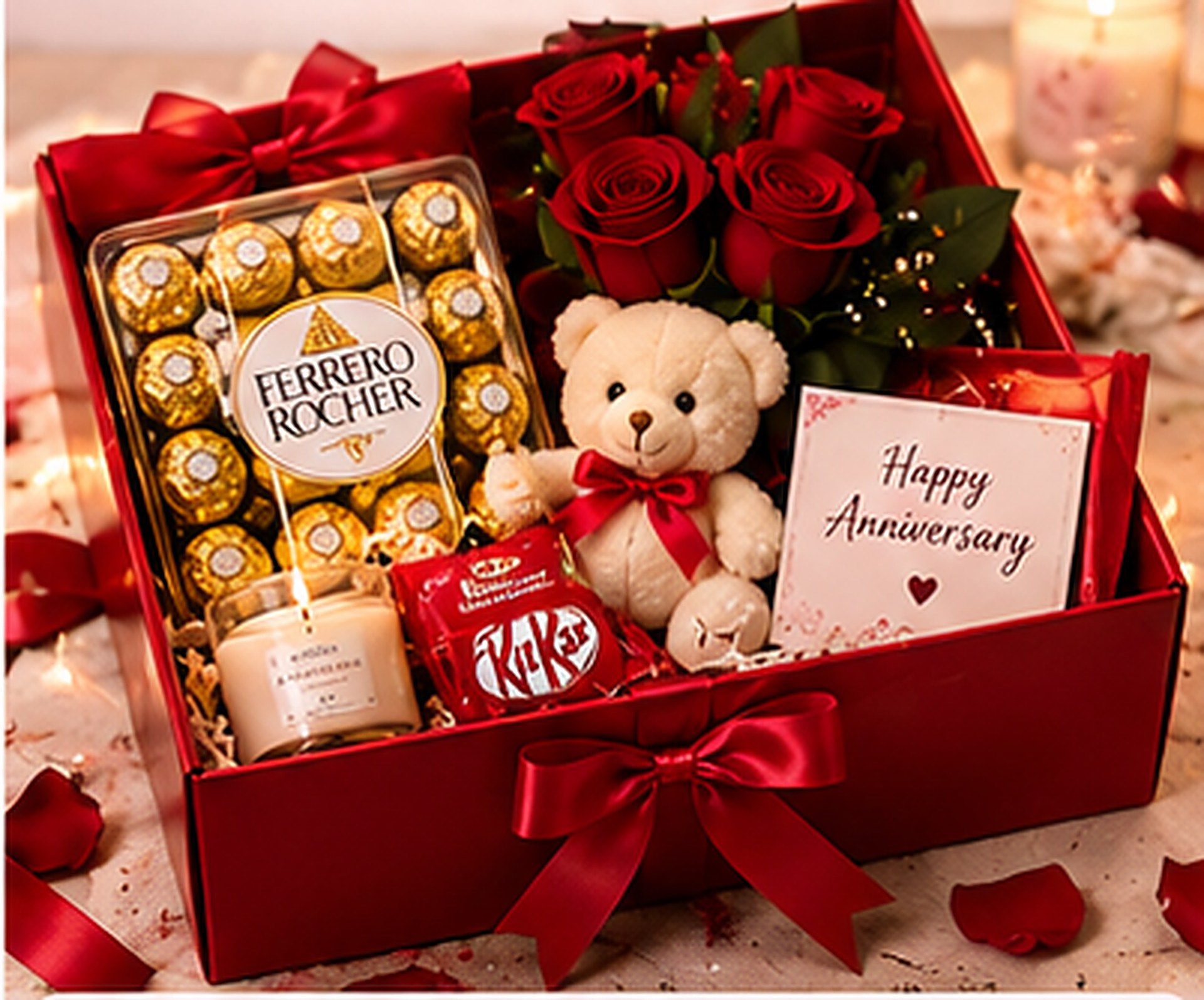 Rose and Chocolate Hamper open, an anniversary gift box holding ferrero rocher (16 pcs), red roses (6 stems), teddy bear (6 inch), scented candle