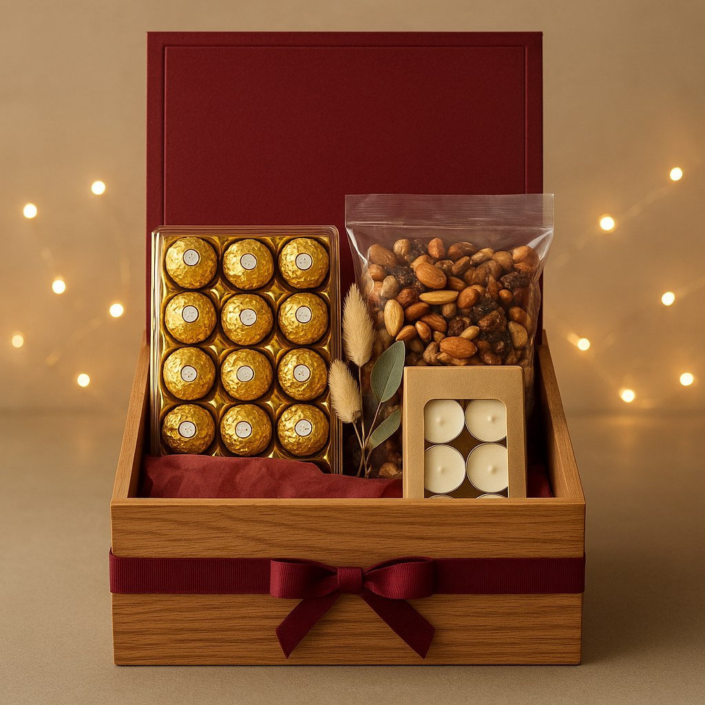 Royal Diwali Hamper open, a Diwali gift box holding ferrero rocher (24 pcs), dry fruit mix (480g), tea light candles (50 pcs)