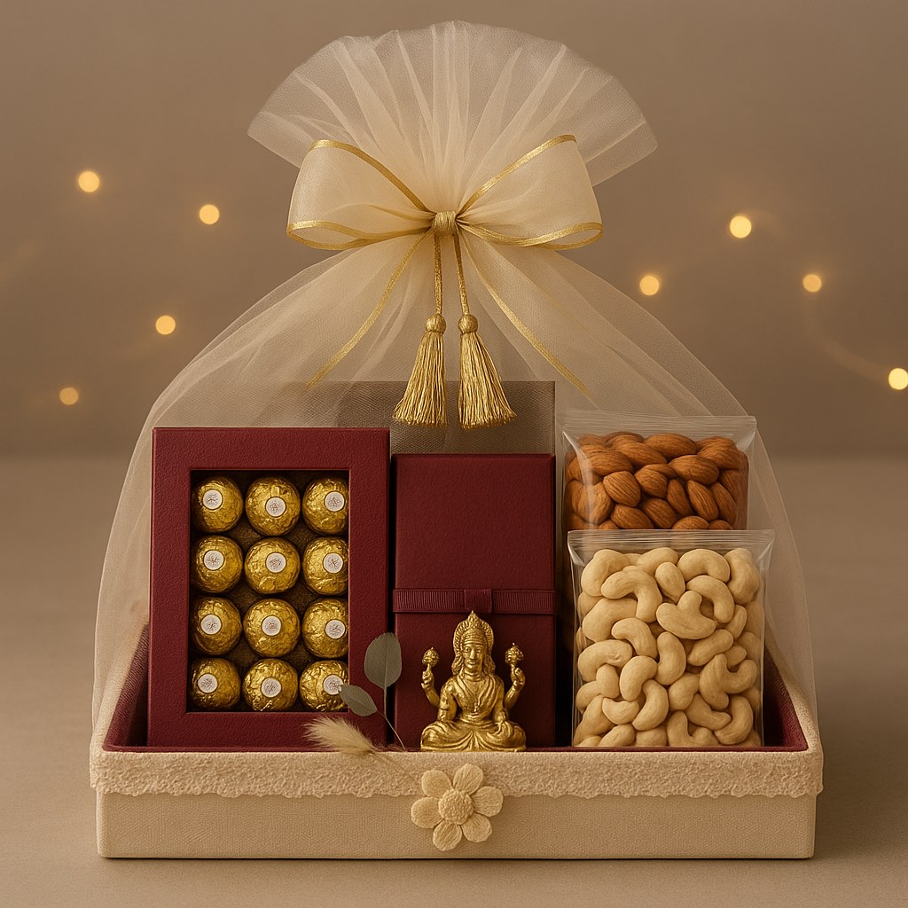 Shubh Shagun Hamper open, a Diwali gift box holding ferrero rocher (16 pcs), almonds (250g), cashews (250g), lakshmi-ganesh idol
