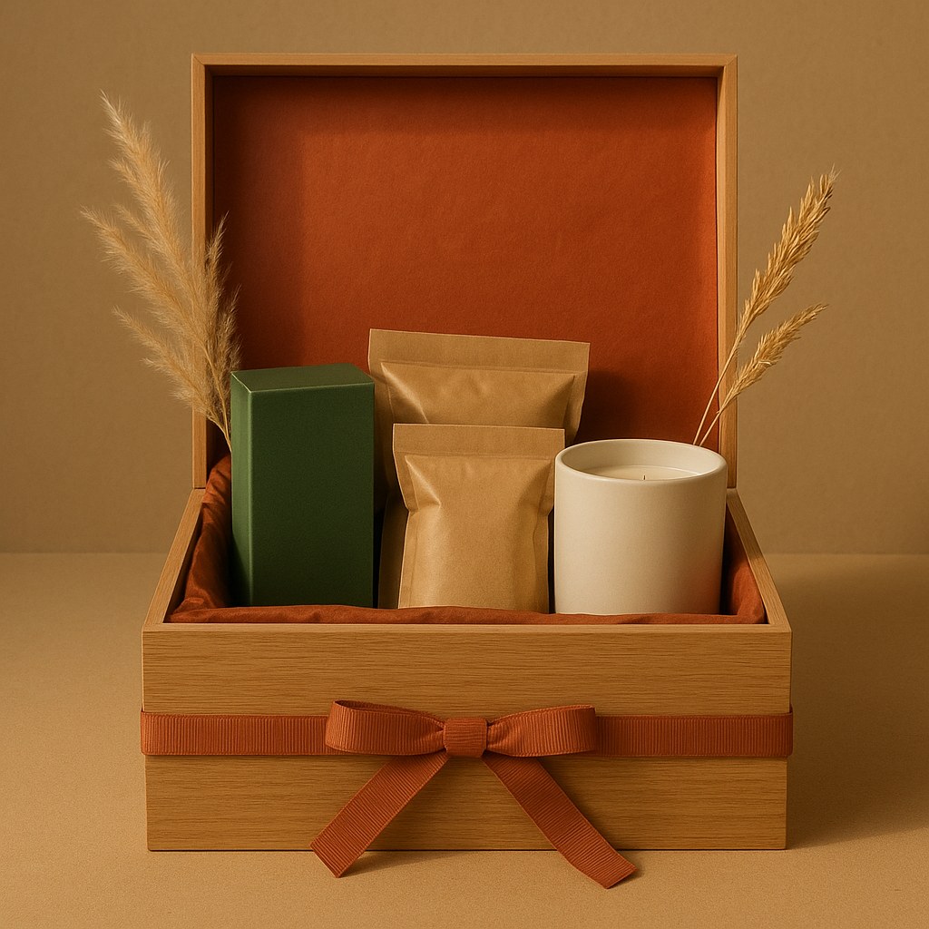 Tea-Time Diwali Hamper open, a Diwali gift box holding twinings green tea (25 bags), popcorn (2 packs), ceramic diffuser candle