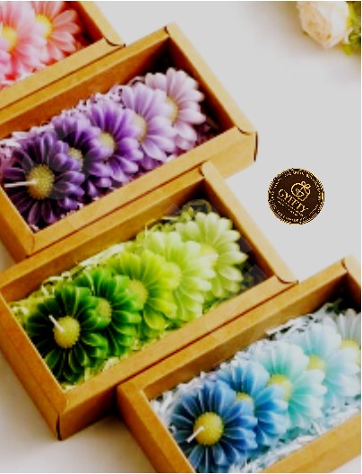 Daisy candles boxed in wooden trays, purple, green and blue
