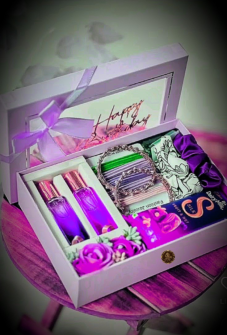 Birthday hamper, lilac box with Happy Birthday card, perfume and jewellery