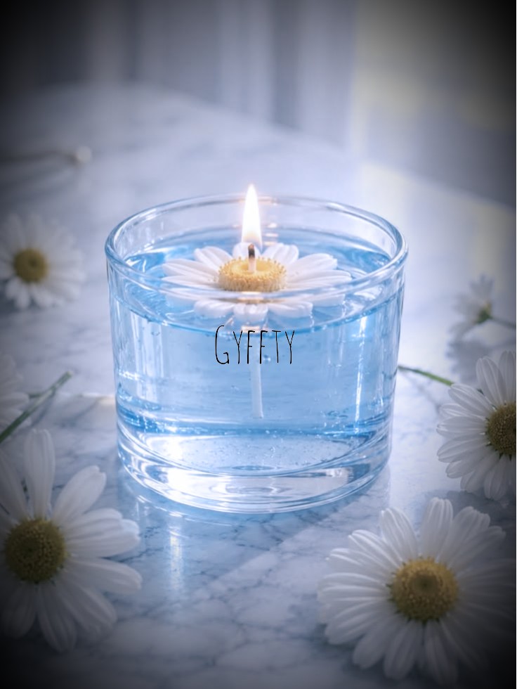 Floating daisy candle in a glass of blue water