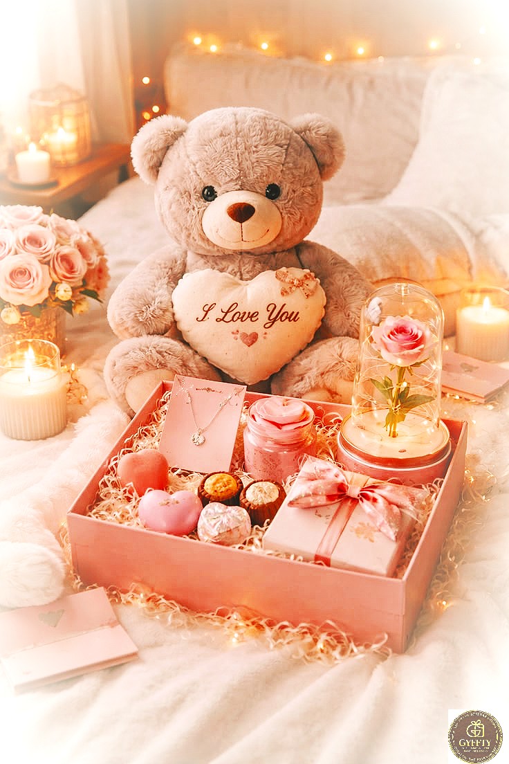 Blush hamper with teddy, rose dome, jewellery and candles
