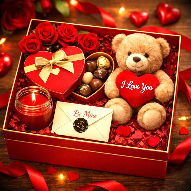 Red Valentine box: teddy, roses, heart chocolate box and candle