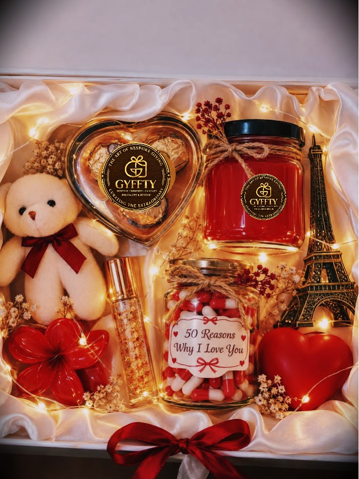 Red luxe Valentine box with teddy, reasons jar and Eiffel tower